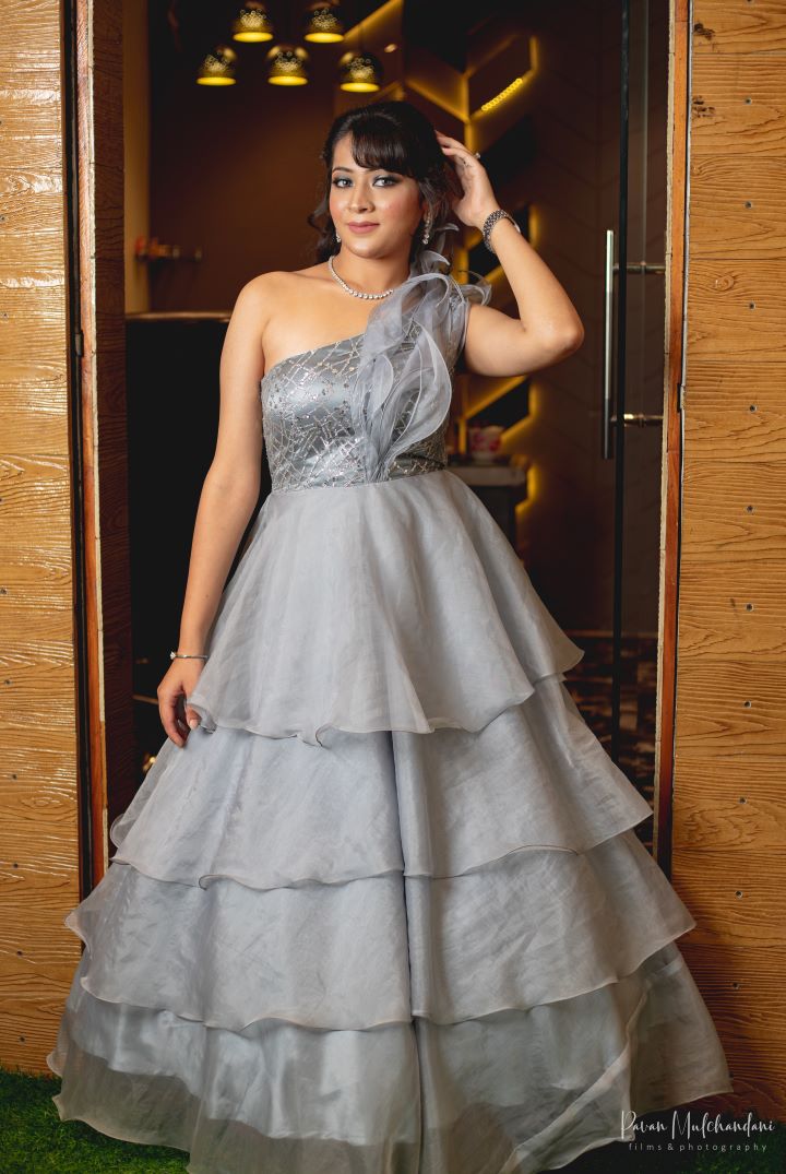 Pearl Grey One Shoulder Tiered Gown