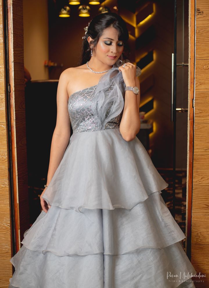 Pearl Grey One Shoulder Tiered Gown