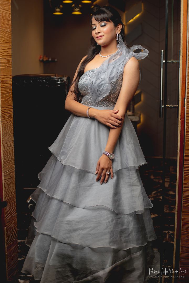 Pearl Grey One Shoulder Tiered Gown