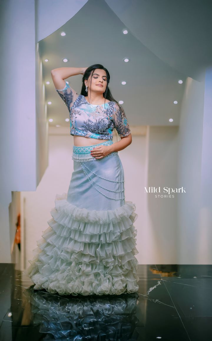 Powder Blue Bead Embroidered Ruffle Lehenga