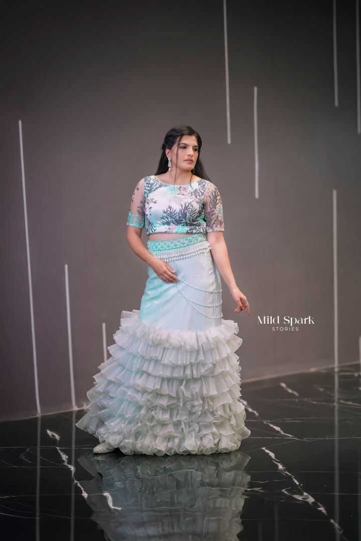 Powder Blue Bead Embroidered Ruffle Lehenga
