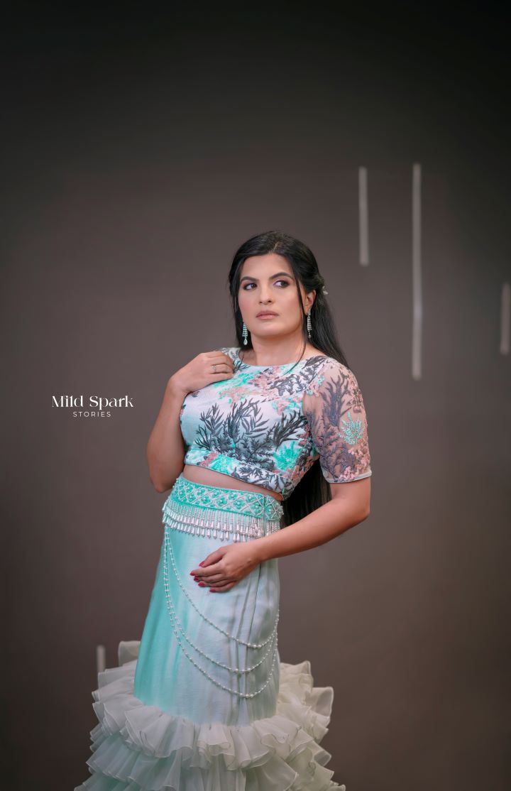 Powder Blue Bead Embroidered Ruffle Lehenga
