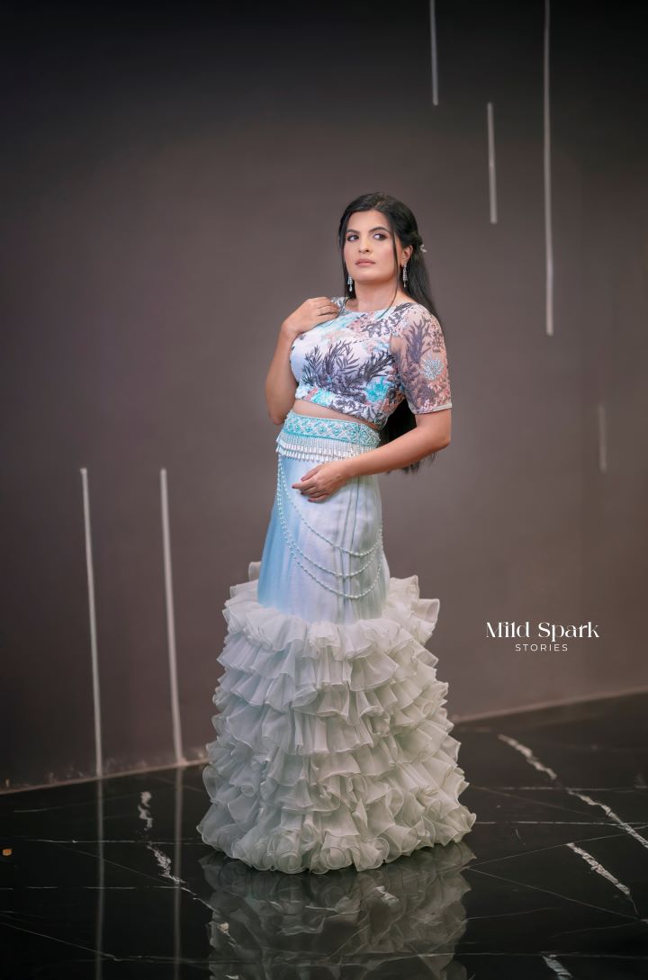 Powder Blue Bead Embroidered Ruffle Lehenga