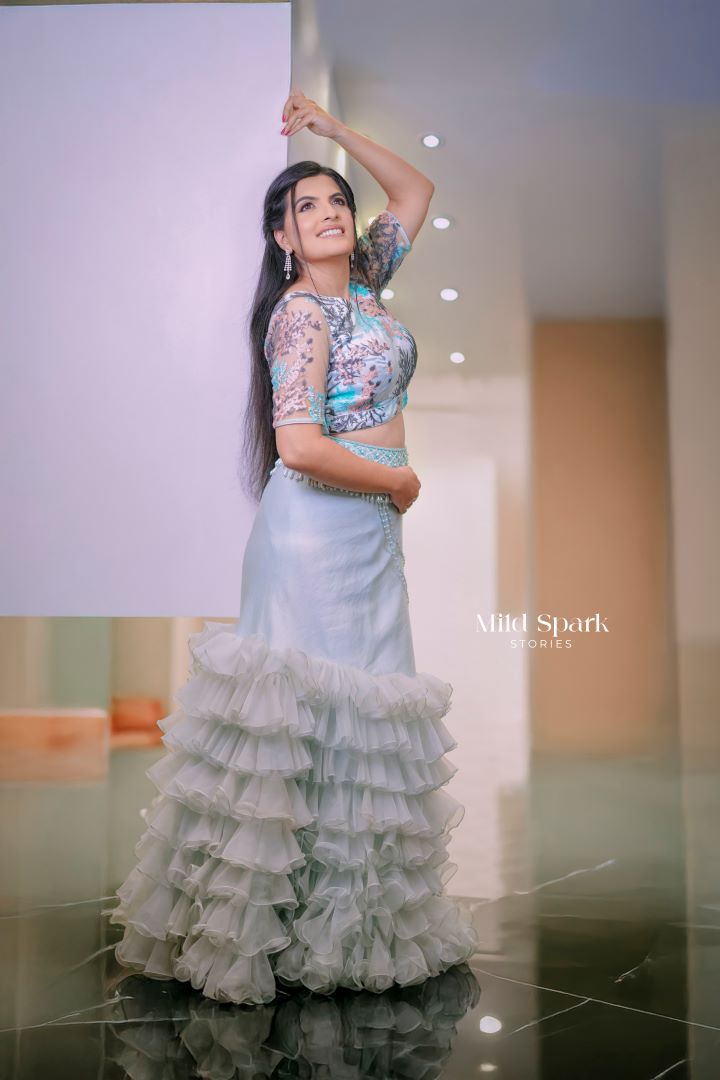 Powder Blue Bead Embroidered Ruffle Lehenga