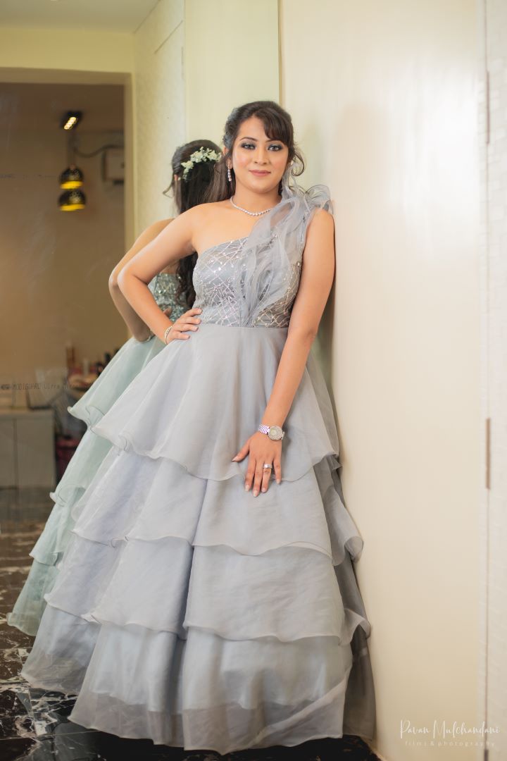 Pearl Grey One Shoulder Tiered Gown
